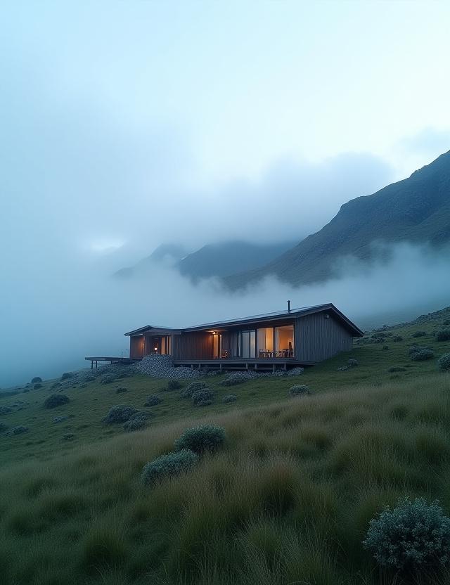 Panoramic view of the sustainable Patagonia Eco-Lodge at sunrise